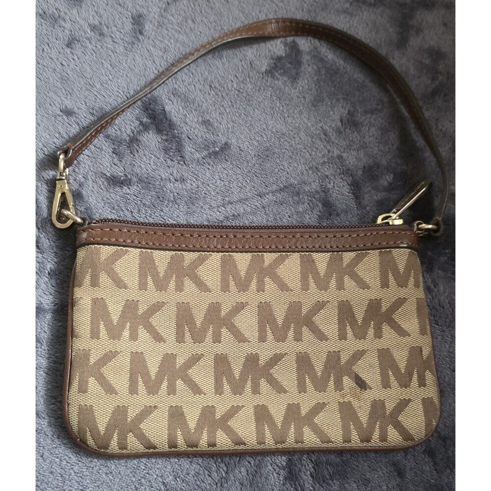 NICE Michael Kors MK Monogram Logo Jacquard JetSet BrownLeatherTrim Wristlet GUC